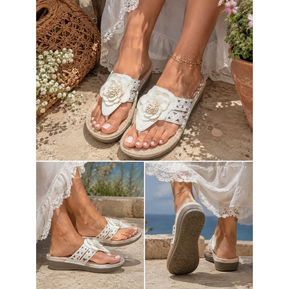 Boho Beach Cliffs White Mountain White Floral Wedge Rhinestone 9M Thong Sandals